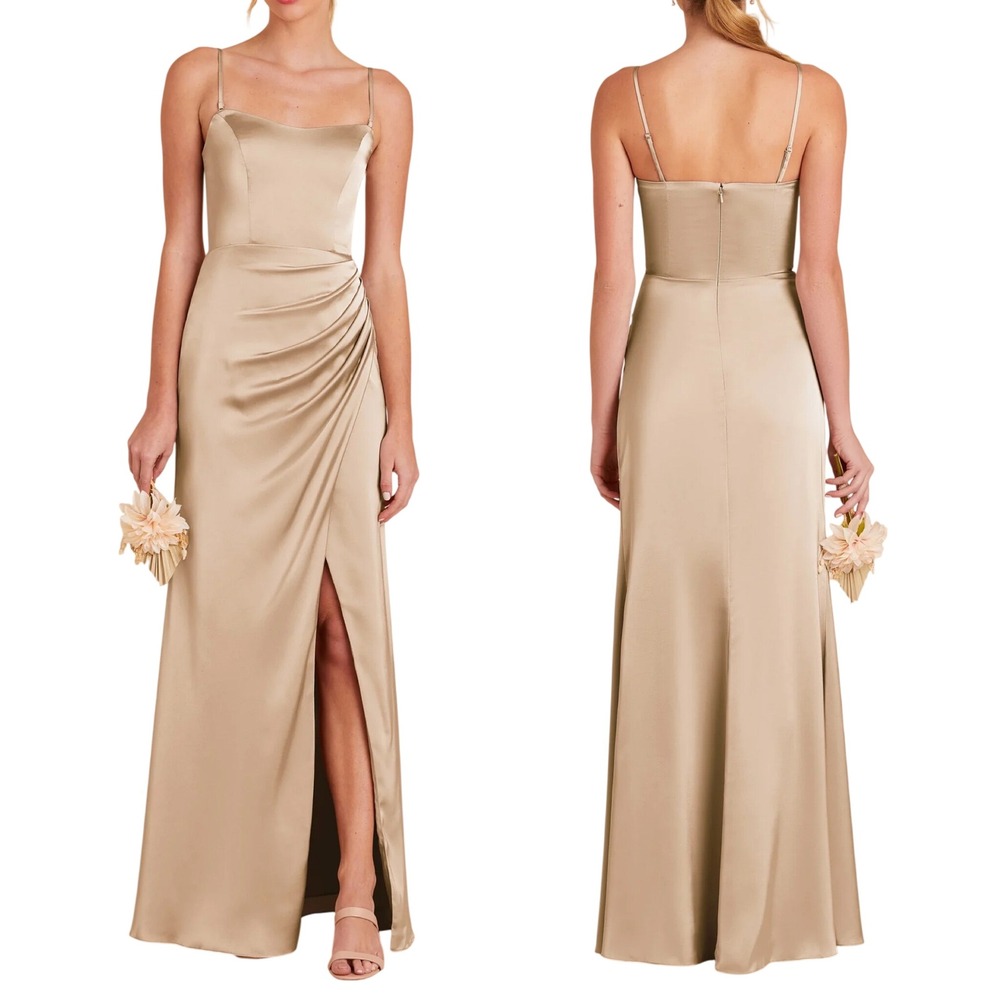 Birdy Grey Anne‎ Matte Satin Dress Taupe XS NWT Long Maxi Bridesmaid Formal Gown